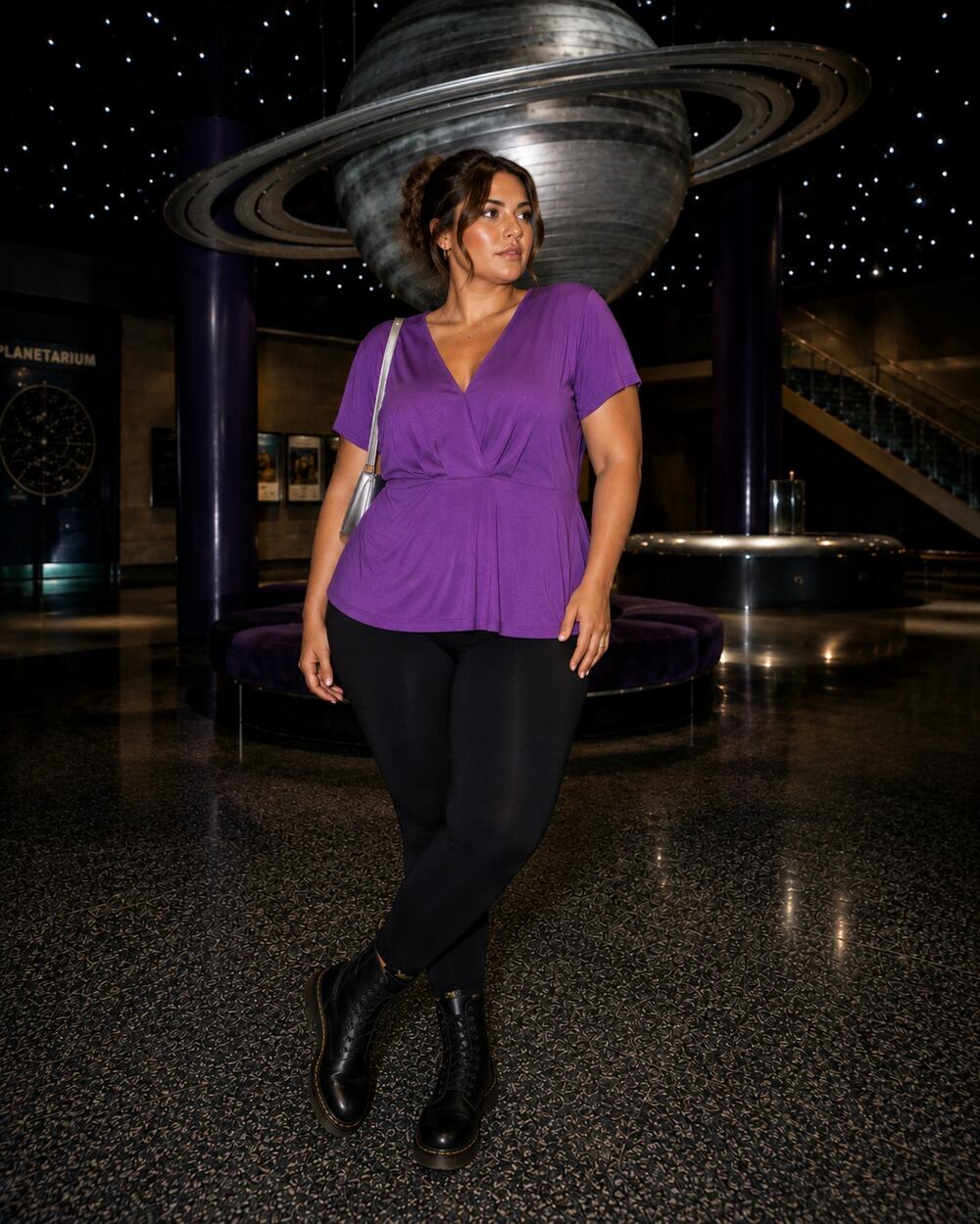 Purple Sag Harbour  V Neck Empire Waist Short Sleeve Top